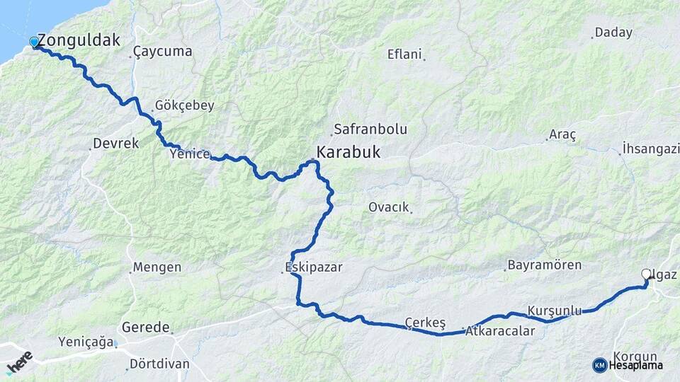 Zonguldak Ilgaz Çankırı Arası Kaç Km - Yol Haritası