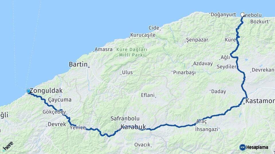 Zonguldak İnebolu Kastamonu Arası Kaç Km - Yol Haritası