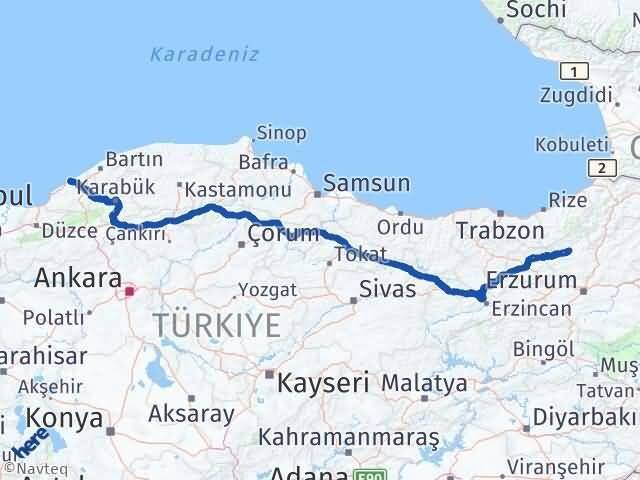 Zonguldak İspir Erzurum Arası Kaç Km - Yol Haritası