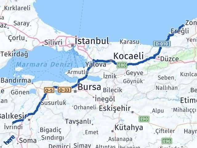 Zonguldak İvrindi Balıkesir Arası Kaç Km - Yol Haritası