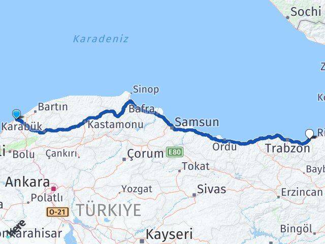 Zonguldak İyidere Rize Arası Kaç Km - Yol Haritası