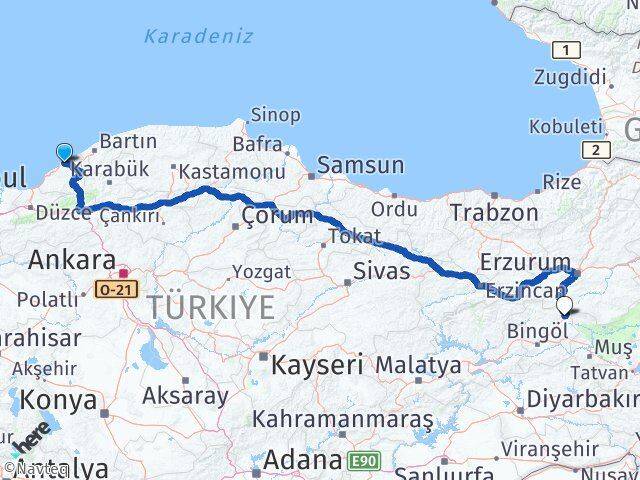 Zonguldak Karlıova Bingöl Arası Kaç Km - Yol Haritası