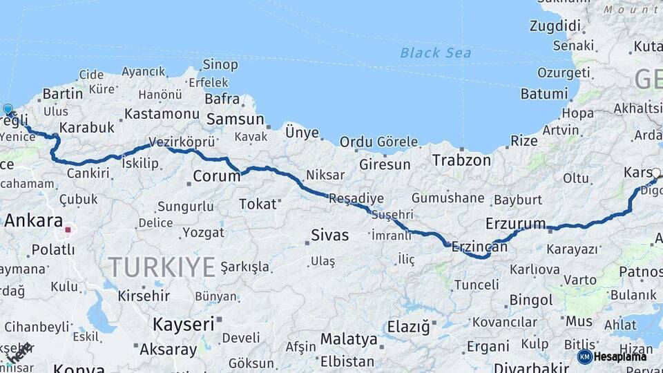 Zonguldak Kars Arası Kaç Km - Yol Haritası