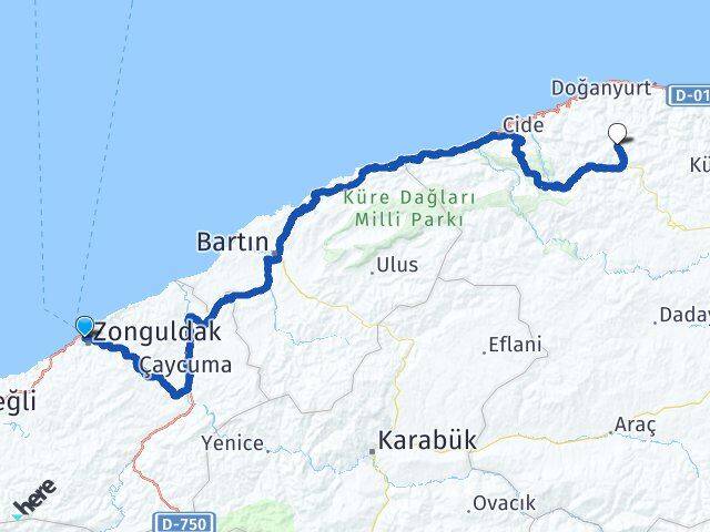 Zonguldak Kerpiçlik Azdavay Kastamonu Arası Kaç Km - Yol Haritası