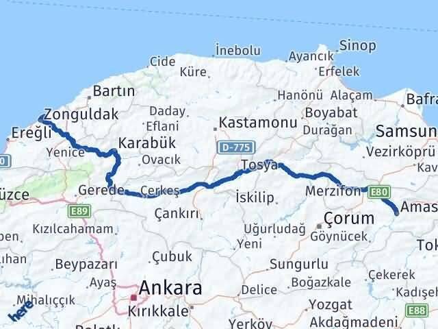 Zonguldak Kilimli Amasya Arası Kaç Km - Yol Haritası