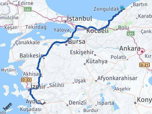 Zonguldak Kilimli Aydın Arası Kaç Km - Yol Haritası