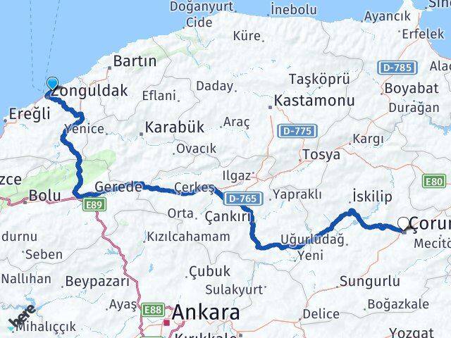 Zonguldak Kilimli Çorum Arası Kaç Km - Yol Haritası
