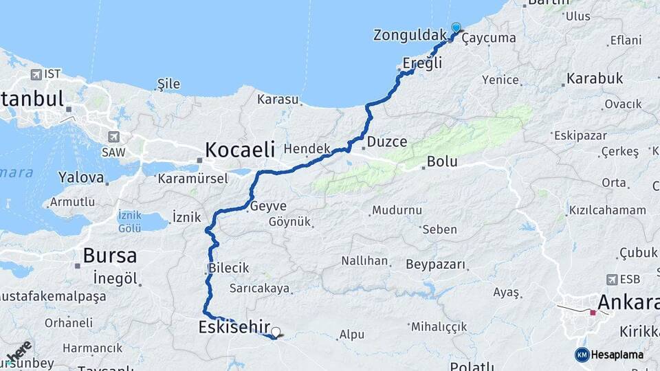 Zonguldak Kilimli Eskişehir Arası Kaç Km - Yol Haritası