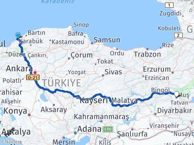 Zonguldak Kilimli Muş Arası Kaç Km - Yol Haritası