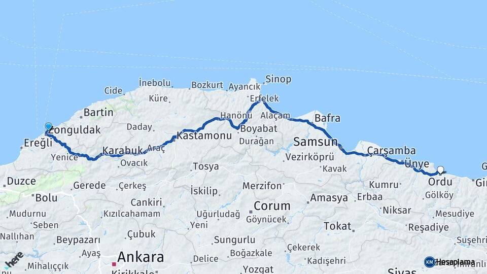 Zonguldak Kilimli Ordu Arası Kaç Km - Yol Haritası