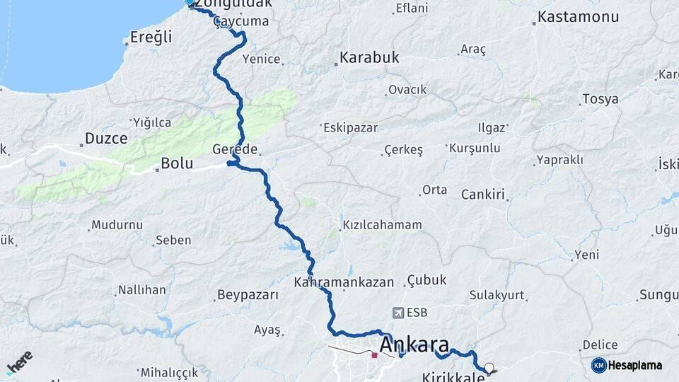 Zonguldak Kırıkkale Arası Kaç Km - Yol Haritası