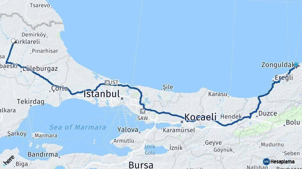 Zonguldak Kırklareli Arası Kaç Km - Yol Haritası