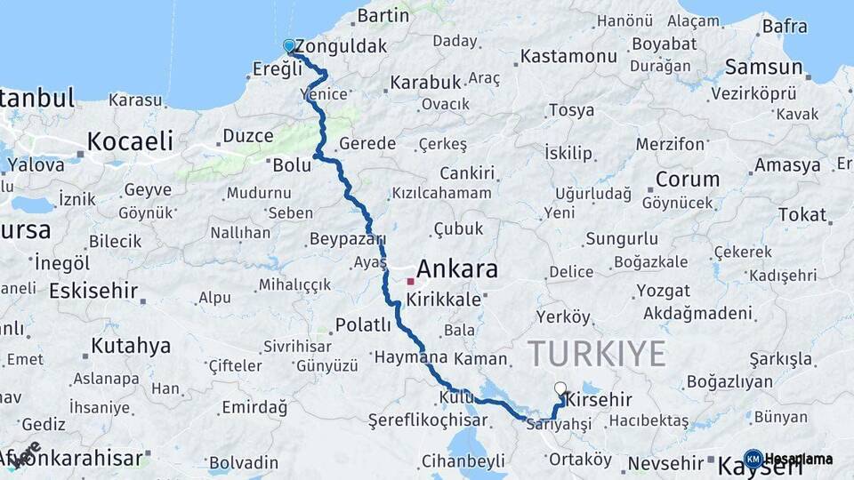 Zonguldak Kırşehir Arası Kaç Km - Yol Haritası