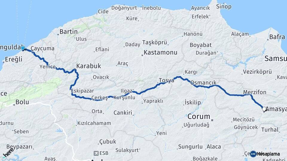 Zonguldak Kozlu Amasya Arası Kaç Km - Yol Haritası