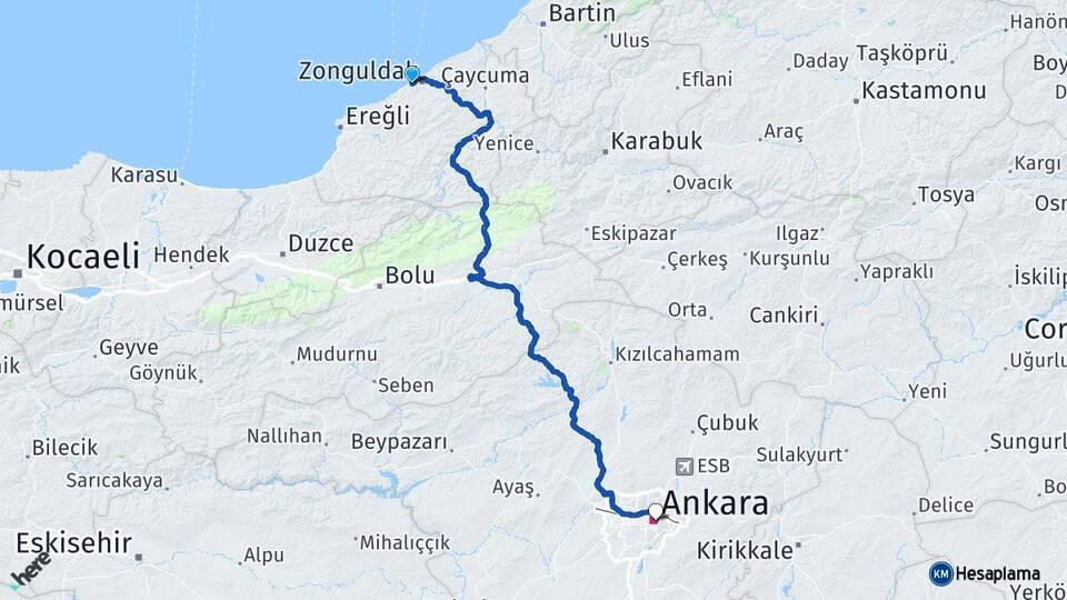 Zonguldak Kozlu Ankara Arası Kaç Km - Yol Haritası