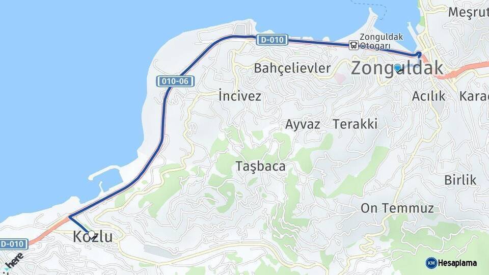 Zonguldak Kozlu Arası Kaç Km - Yol Haritası
