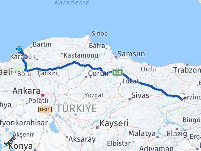 Zonguldak Kozlu Erzincan Arası Kaç Km - Yol Haritası
