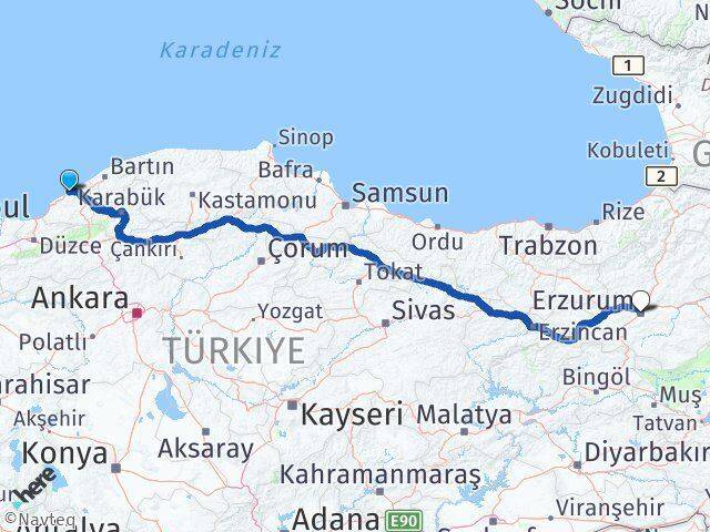 Zonguldak Kozlu Erzurum Arası Kaç Km - Yol Haritası