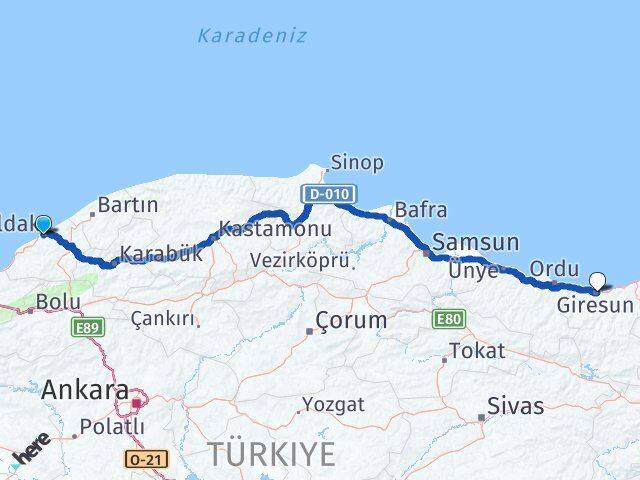 Zonguldak Kozlu Giresun Arası Kaç Km - Yol Haritası