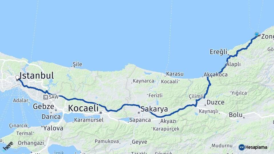 Zonguldak Kozlu İstanbul Arası Kaç Km - Yol Haritası