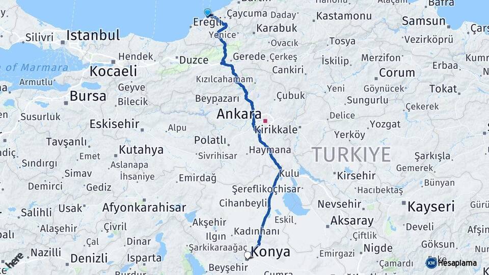 Zonguldak Kozlu Konya Arası Kaç Km - Yol Haritası