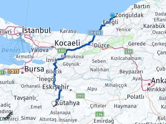 Zonguldak Kozlu Kütahya Arası Kaç Km - Yol Haritası
