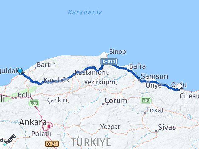 Zonguldak Kozlu Ordu Arası Kaç Km - Yol Haritası