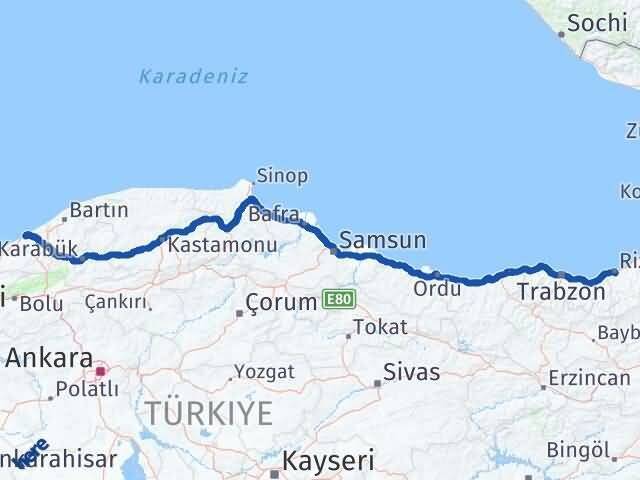 Zonguldak Kozlu Rize Arası Kaç Km - Yol Haritası