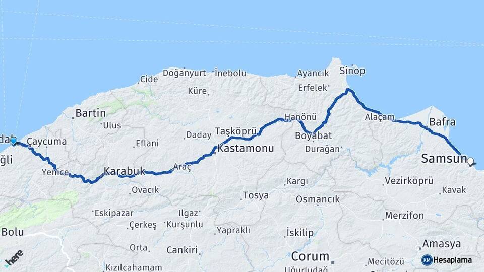 Zonguldak Kozlu Samsun Arası Kaç Km - Yol Haritası