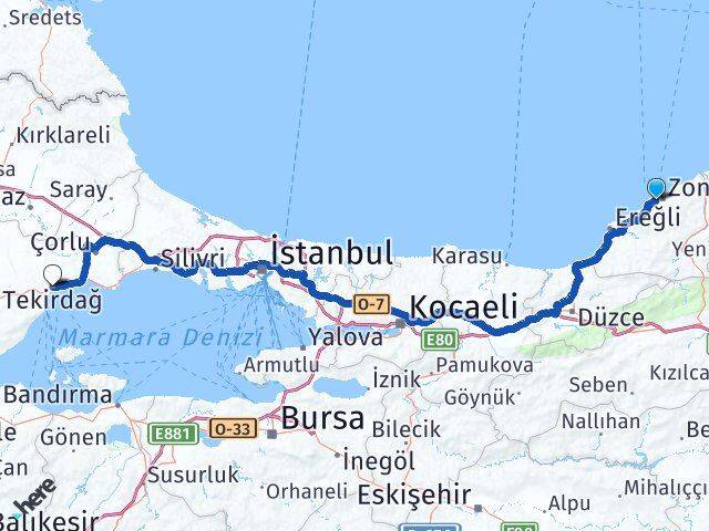 Zonguldak Kozlu Tekirdağ Arası Kaç Km - Yol Haritası