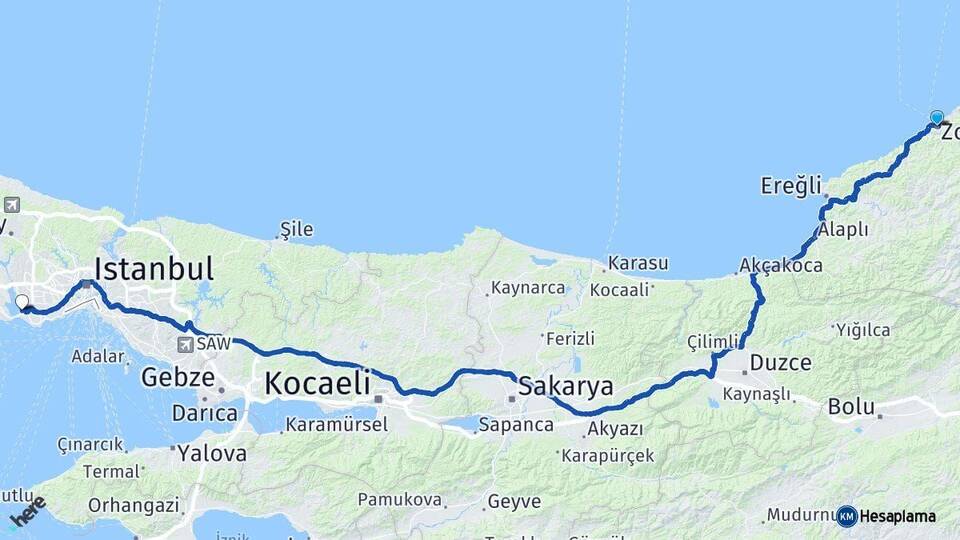 Zonguldak Küçükçekmece İstanbul Arası Kaç Km - Yol Haritası