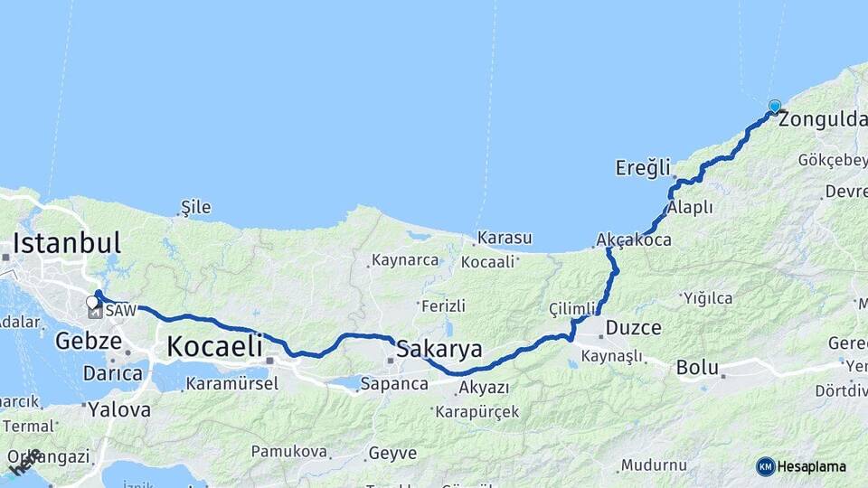 Zonguldak Kurtköy Pendik İstanbul Arası Kaç Km - Yol Haritası