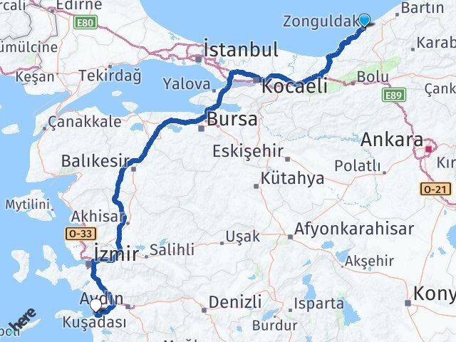 Zonguldak Kuşadası Aydın Arası Kaç Km - Yol Haritası