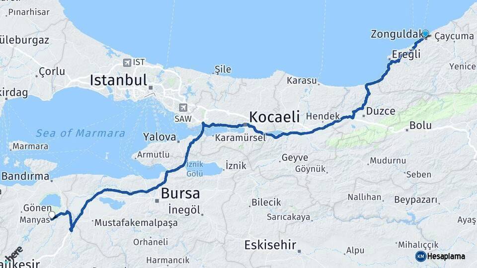 Zonguldak Manyas Balıkesir Arası Kaç Km - Yol Haritası