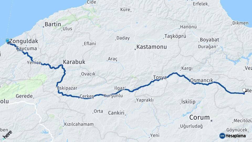 Zonguldak Merzifon Amasya Arası Kaç Km - Yol Haritası