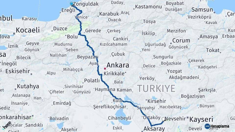 Zonguldak Nevşehir Arası Kaç Km - Yol Haritası