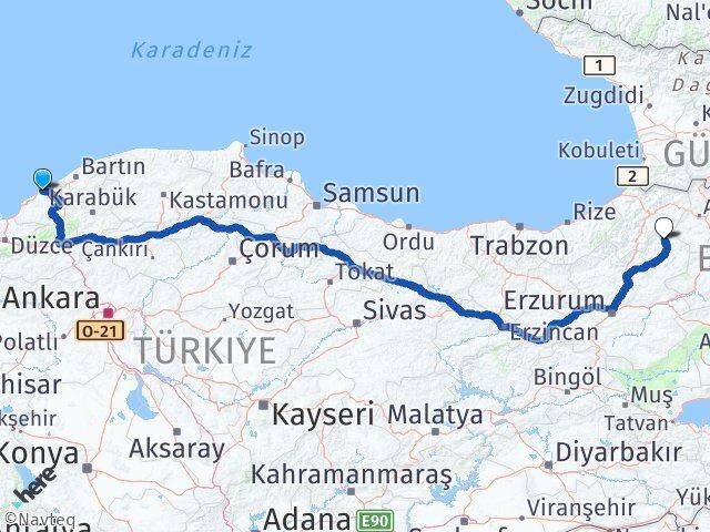 Zonguldak Olur Erzurum Arası Kaç Km - Yol Haritası