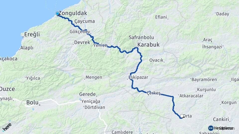 Zonguldak Orta Çankırı Arası Kaç Km - Yol Haritası