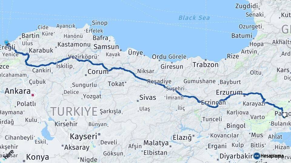 Zonguldak Patnos Ağrı Arası Kaç Km - Yol Haritası