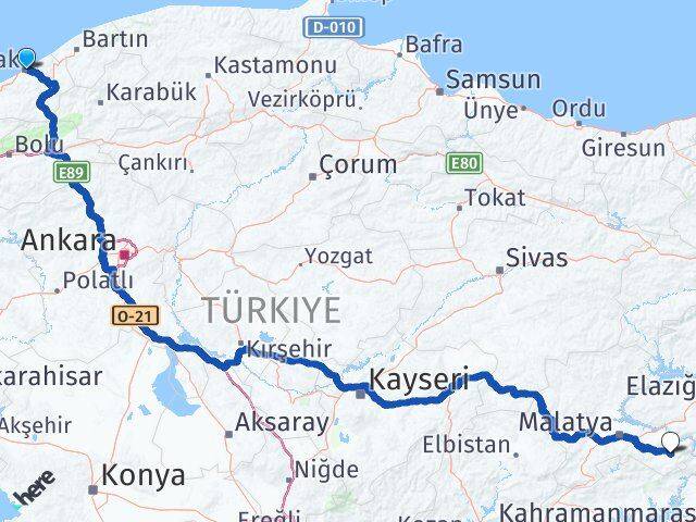 Zonguldak Pütürge Malatya Arası Kaç Km - Yol Haritası