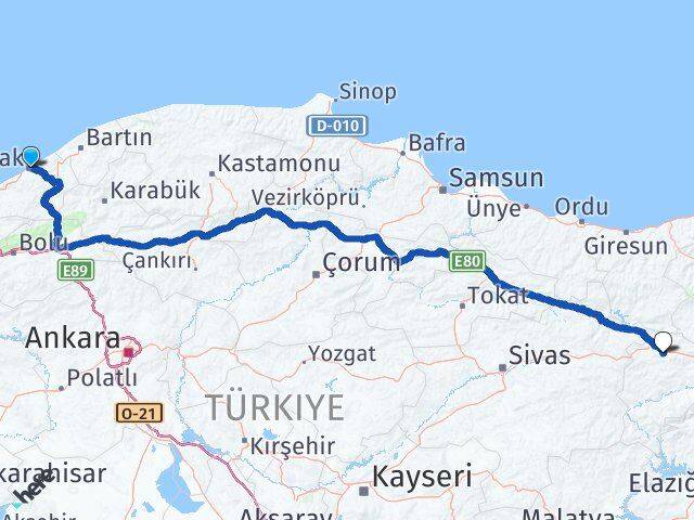 Zonguldak Refahiye Erzincan Arası Kaç Km - Yol Haritası
