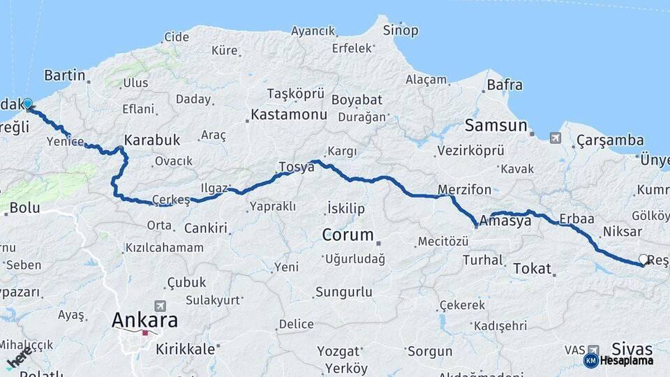 Zonguldak Reşadiye Tokat Arası Kaç Km - Yol Haritası