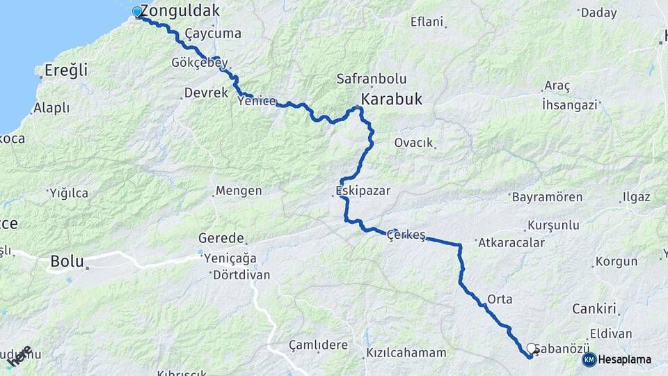 Zonguldak Şabanözü Çankırı Arası Kaç Km - Yol Haritası