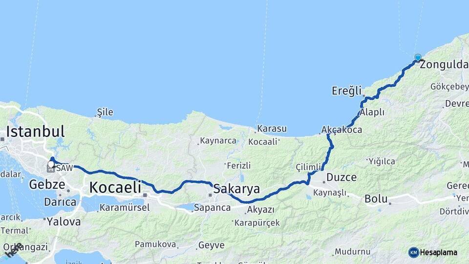 Zonguldak Sabiha Gökçen Havalimanı Arası Kaç Km - Yol Haritası