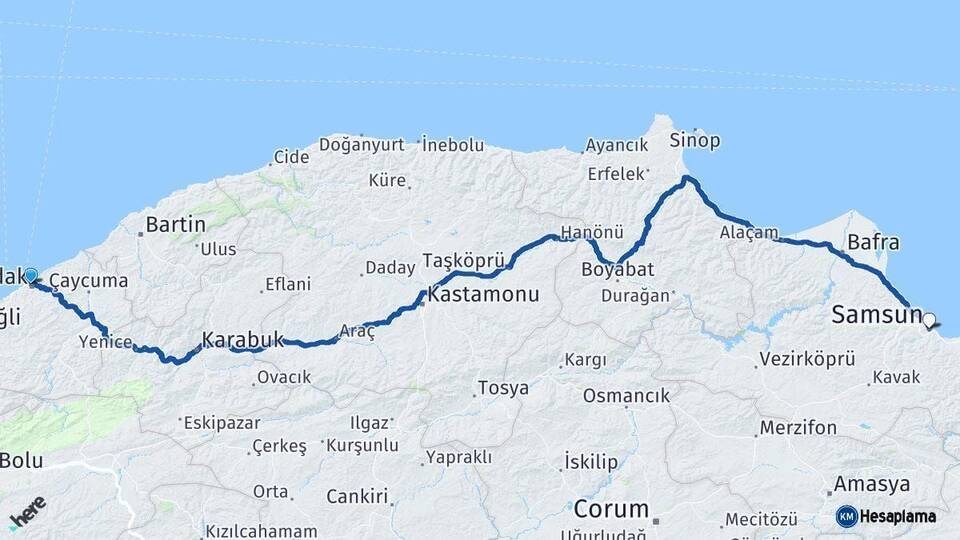 Zonguldak Samsun Arası Kaç Km - Yol Haritası