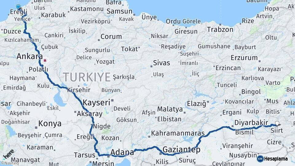 Zonguldak Siirt Arası Kaç Km - Yol Haritası