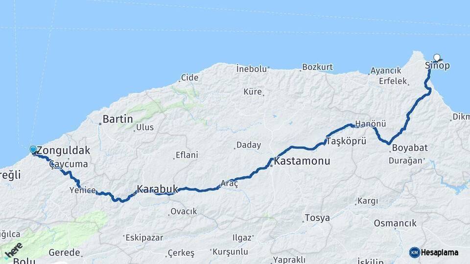 Zonguldak Sinop Arası Kaç Km - Yol Haritası