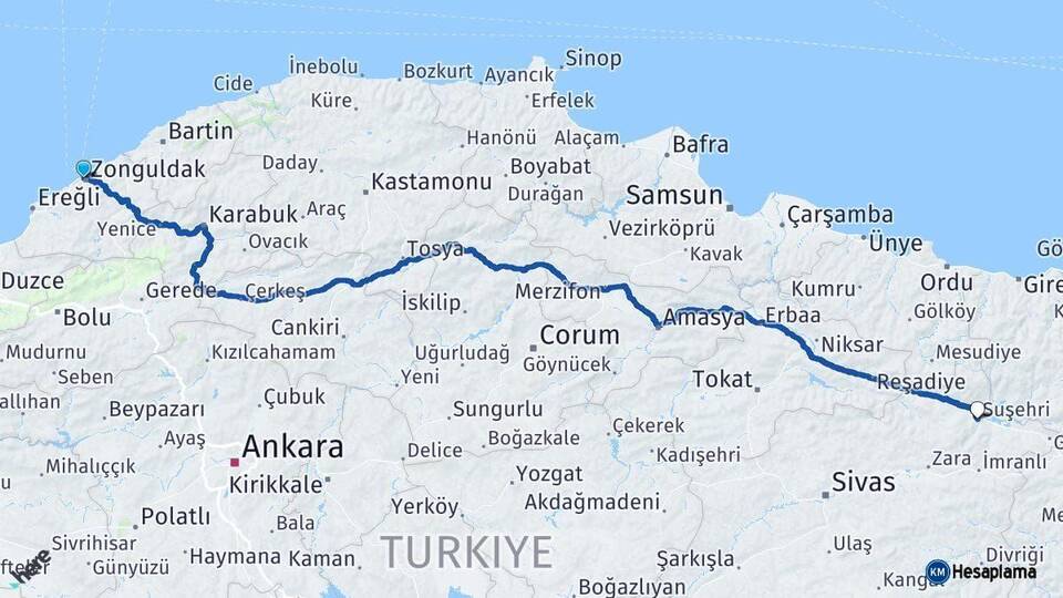 Zonguldak Suşehri Sivas Arası Kaç Km - Yol Haritası