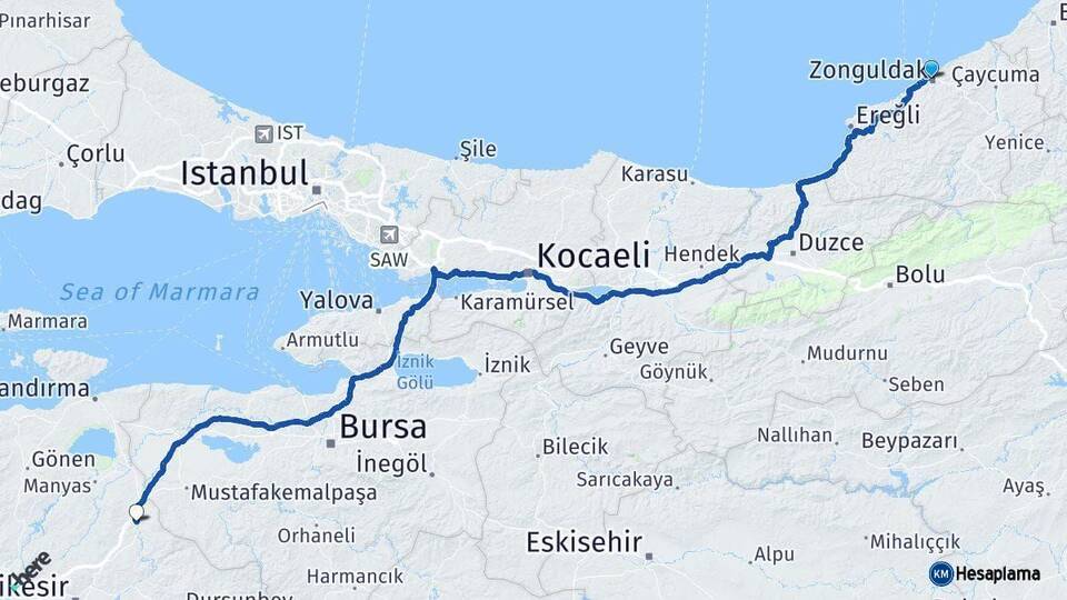 Zonguldak Susurluk Balıkesir Arası Kaç Km - Yol Haritası