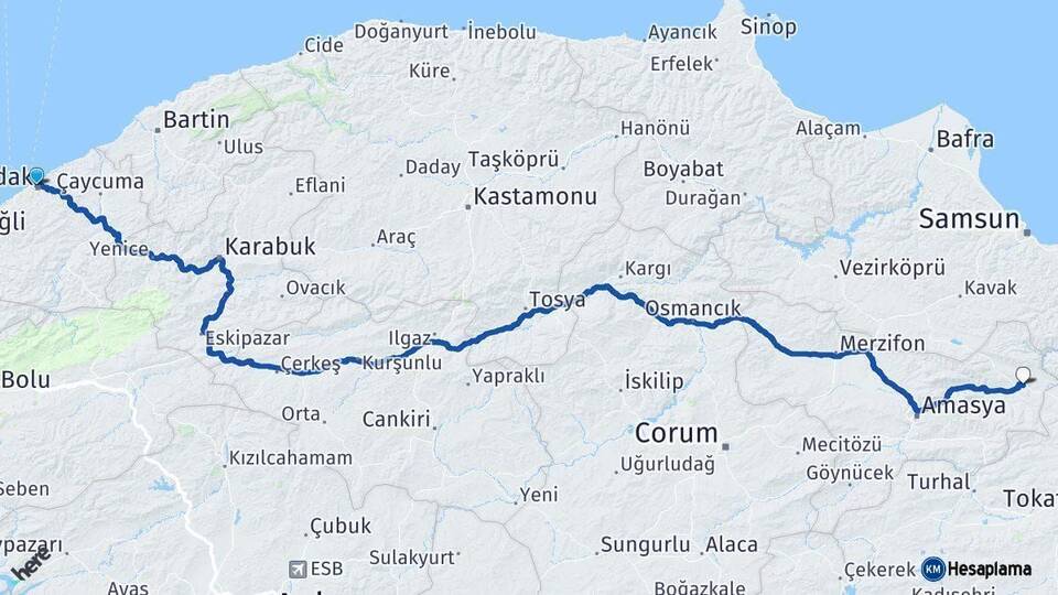 Zonguldak Taşova Amasya Arası Kaç Km - Yol Haritası